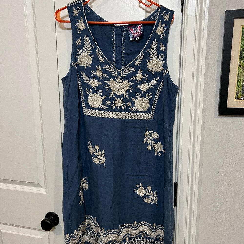 Johnny Was denim colored cotton embroidered dress